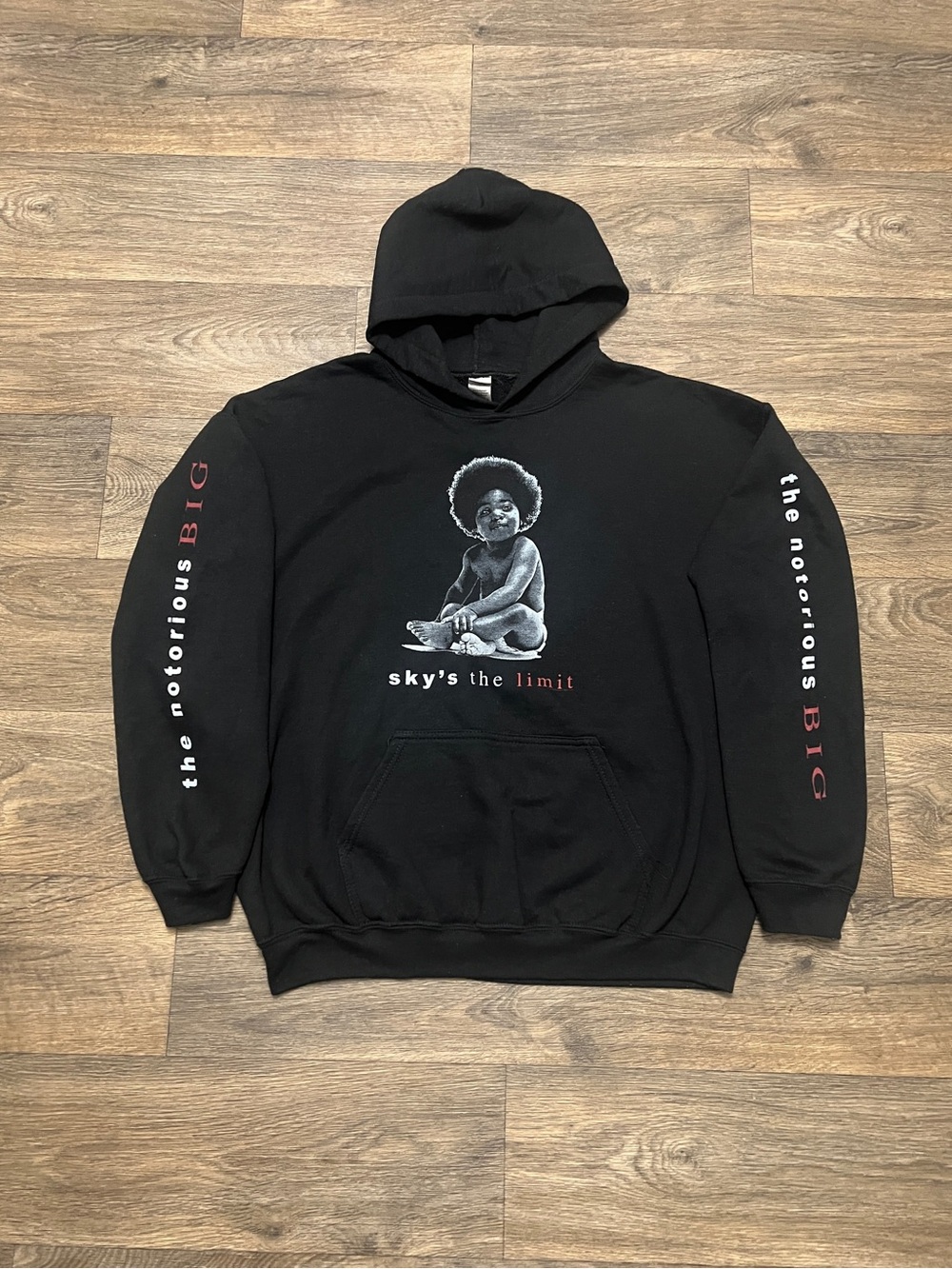 Notorious BIG Biggie Sky's the Limit Hoodie Size Large Black Sweatshirt Red